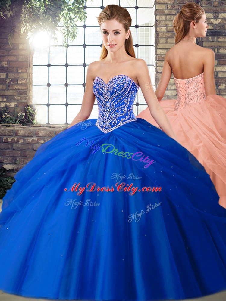 Hot Sale Royal Blue Sleeveless Tulle Brush Train Lace Up Ball Gown Prom Dress for Military Ball and Sweet 16 and Quinceanera
