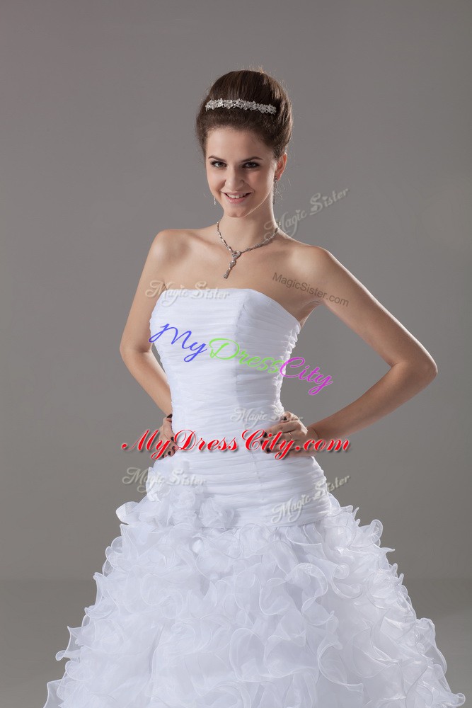 White Sleeveless Brush Train Ruffles Wedding Dresses