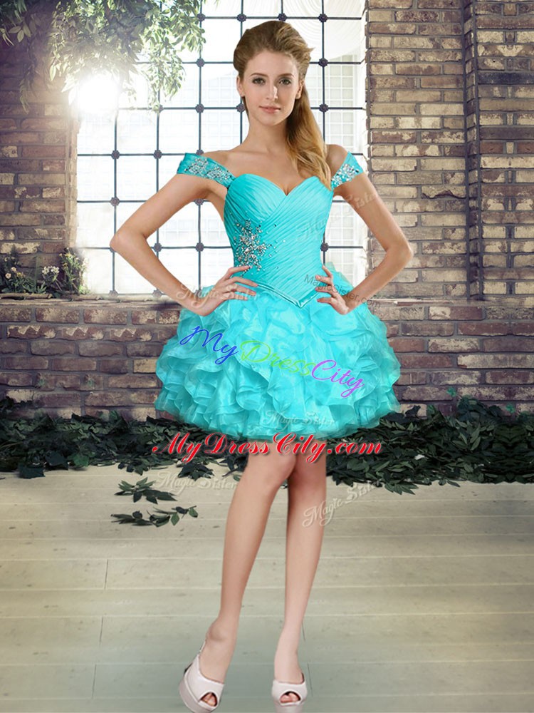 Aqua Blue Prom Party Dress Prom and Party with Beading and Ruffles Off The Shoulder Sleeveless Lace Up