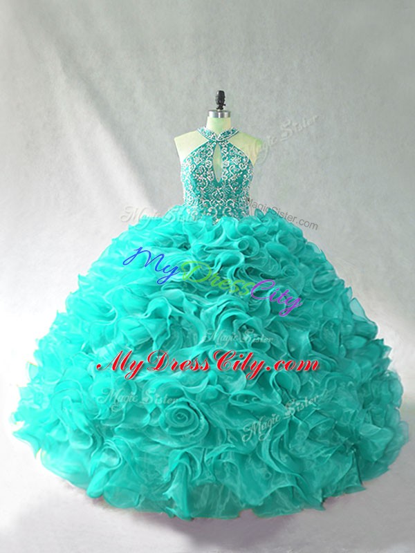 Aqua Blue Halter Top Neckline Beading and Ruffles 15th Birthday Dress Sleeveless Lace Up