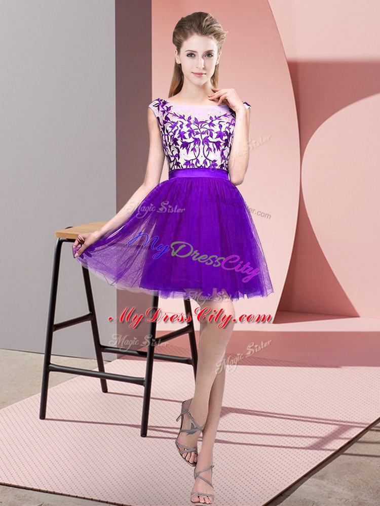 Purple Tulle Zipper Vestidos de Damas Sleeveless Mini Length Lace