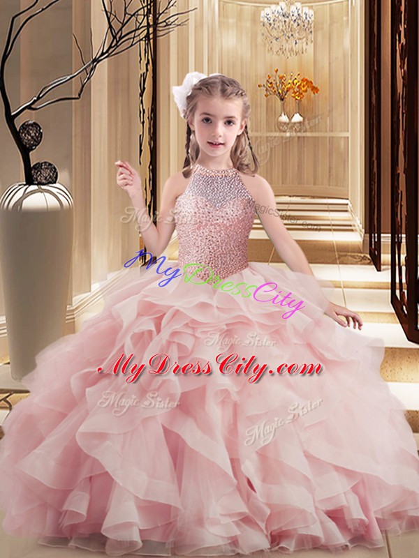 Attractive Floor Length Pink Pageant Gowns For Girls Organza Sleeveless Beading and Ruffles