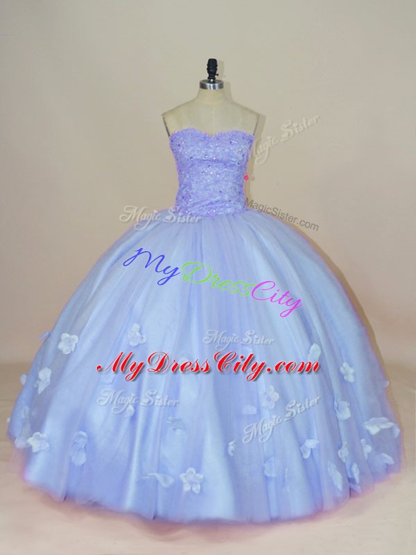 Perfect Sleeveless Floor Length Beading and Hand Made Flower Side Zipper Quinceanera Dress with Lavender