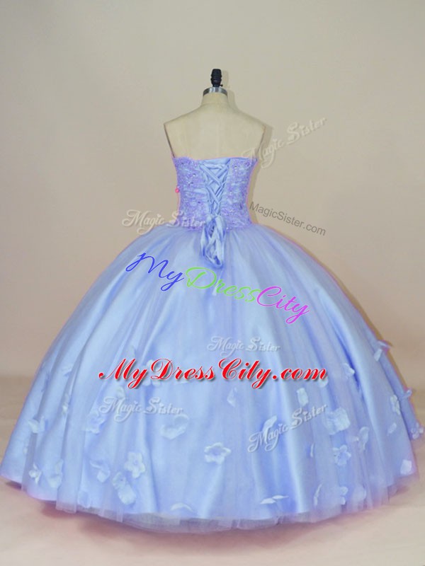 Perfect Sleeveless Floor Length Beading and Hand Made Flower Side Zipper Quinceanera Dress with Lavender