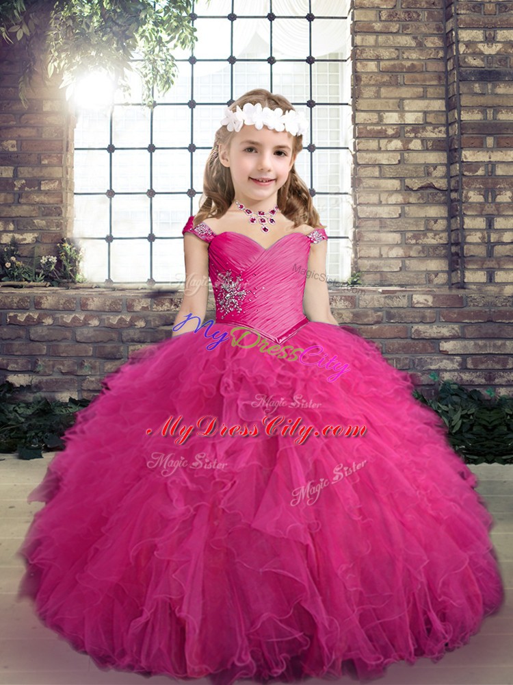 Simple Floor Length Ball Gowns Sleeveless Fuchsia Little Girl Pageant Gowns Lace Up