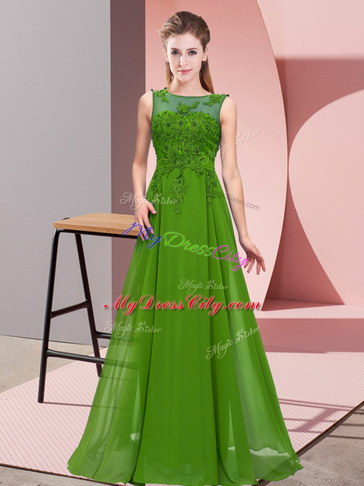 Deluxe Green Sleeveless Floor Length Beading and Appliques Zipper Bridesmaid Dresses