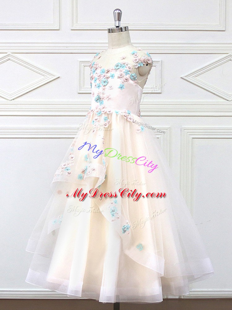 A-line Flower Girl Dress Champagne Scoop Tulle Sleeveless Floor Length Zipper