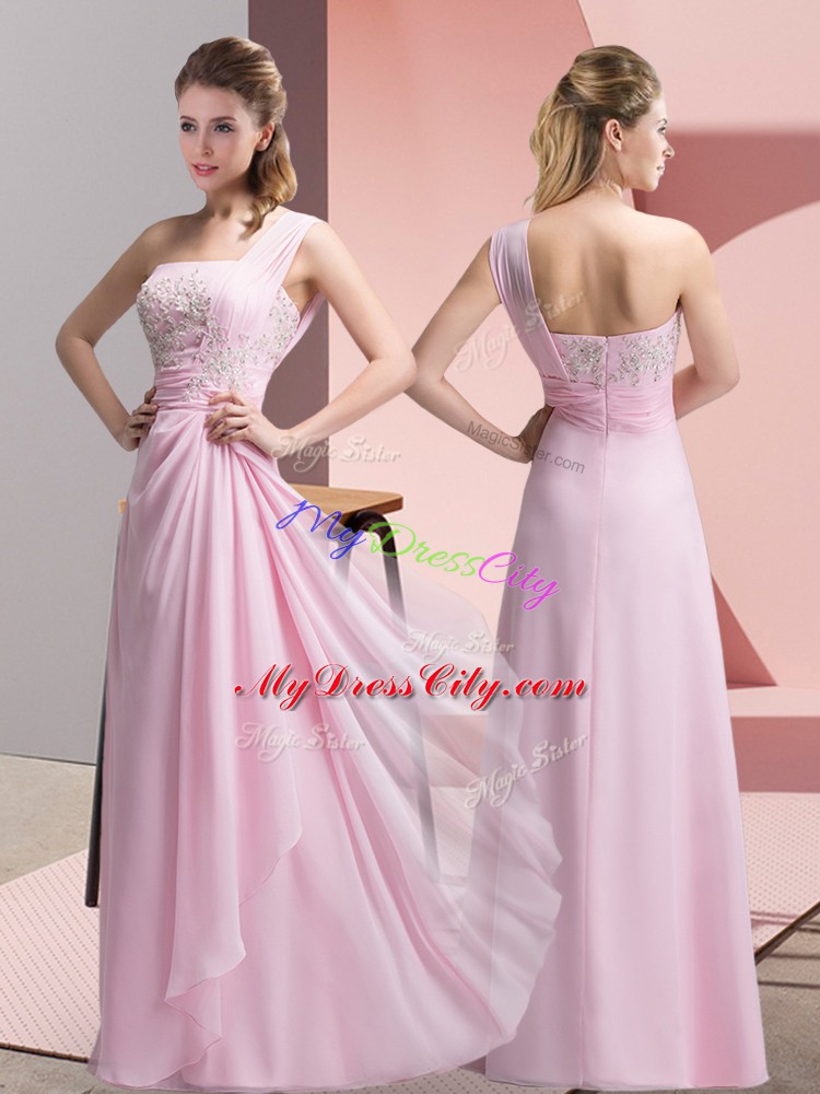 Spectacular Baby Pink Chiffon Zipper Prom Gown Sleeveless Floor Length Beading and Appliques