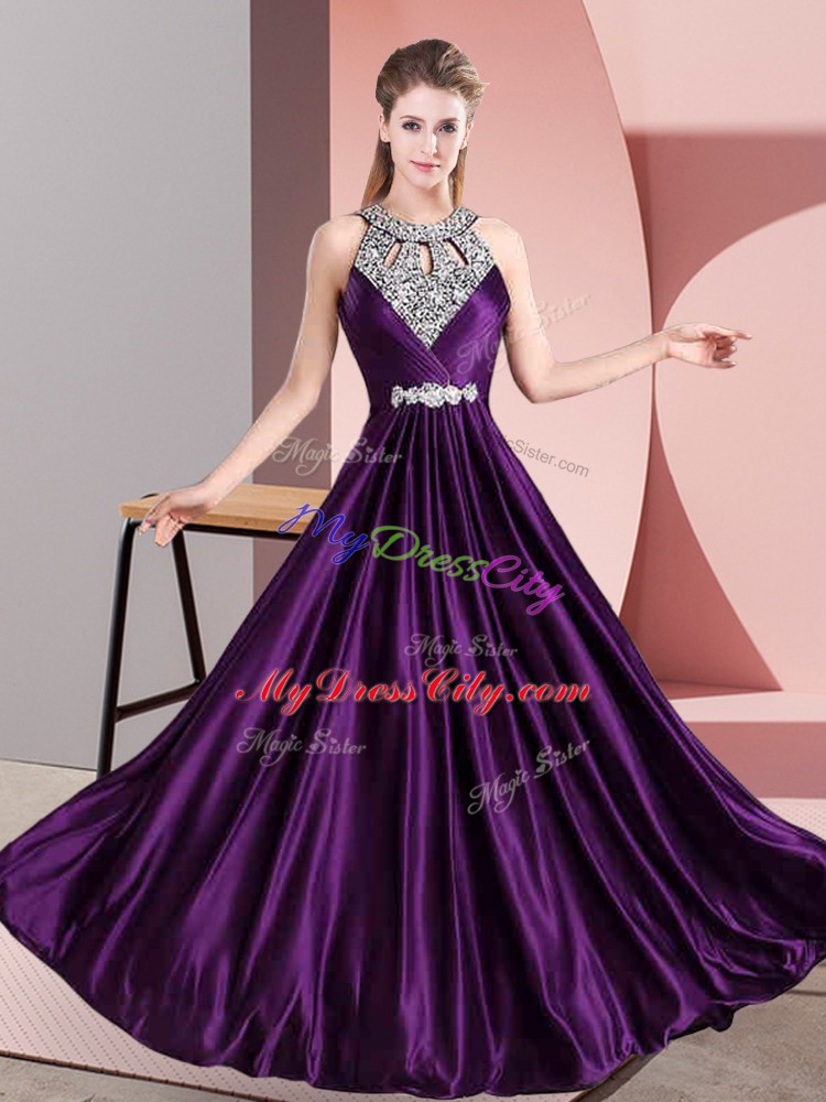 Purple Empire Beading Prom Evening Gown Zipper Satin Sleeveless Floor Length