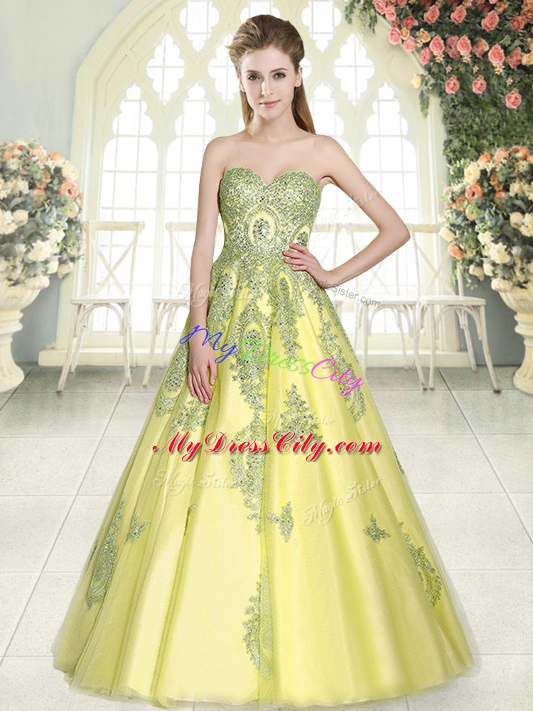 Sleeveless Tulle Floor Length Lace Up Prom Dresses in Yellow Green with Appliques