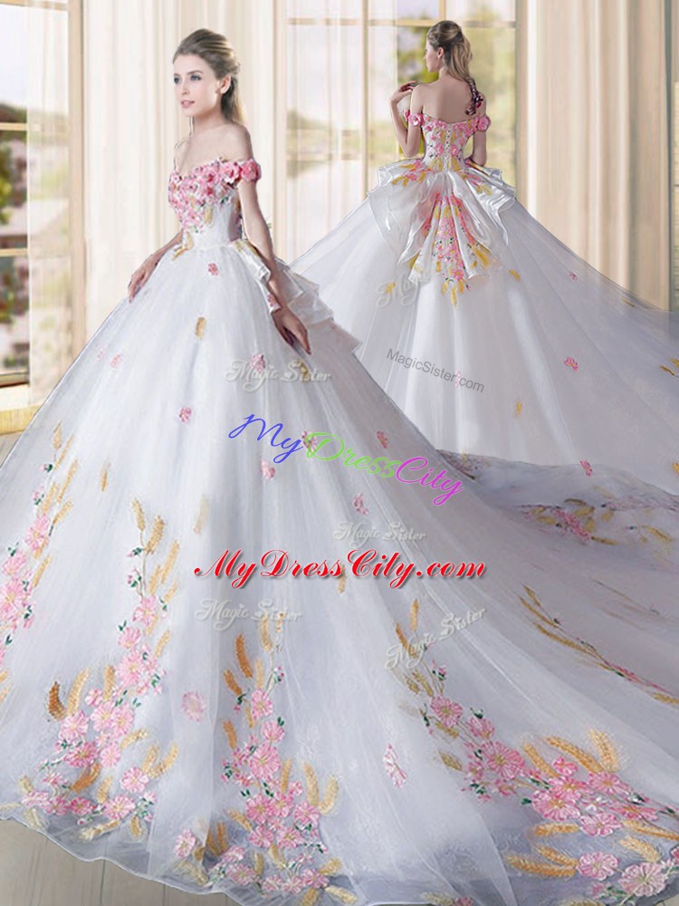 Nice Sleeveless Tulle Cathedral Train Lace Up Sweet 16 Dress in White with Appliques