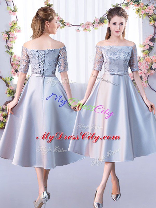 High Quality Tea Length Silver Bridesmaid Dresses Off The Shoulder Half Sleeves Lace Up