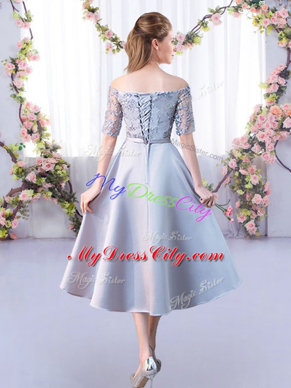 High Quality Tea Length Silver Bridesmaid Dresses Off The Shoulder Half Sleeves Lace Up