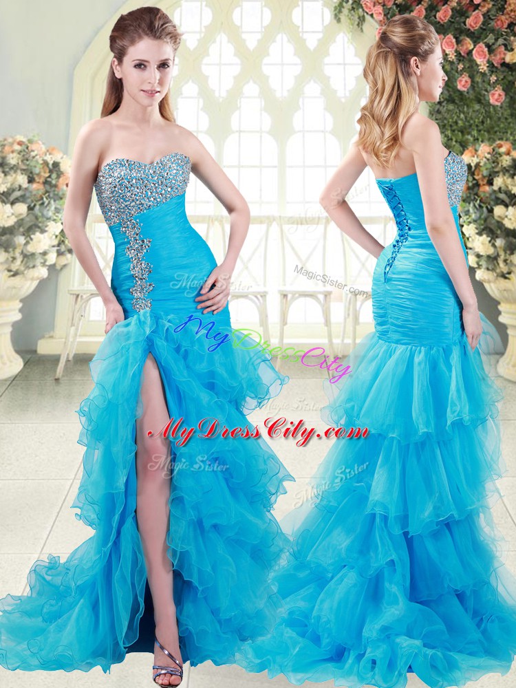 Aqua Blue Lace Up Sweetheart Beading and Ruffled Layers Prom Party Dress Organza Sleeveless Brush Train