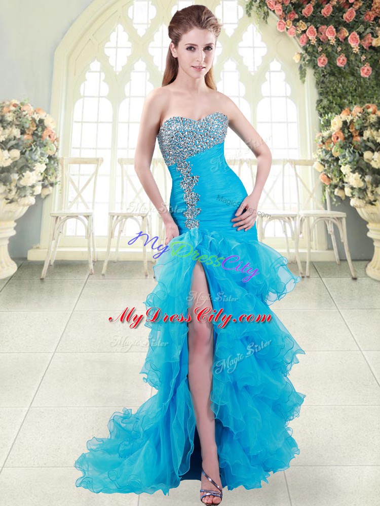 Aqua Blue Lace Up Sweetheart Beading and Ruffled Layers Prom Party Dress Organza Sleeveless Brush Train
