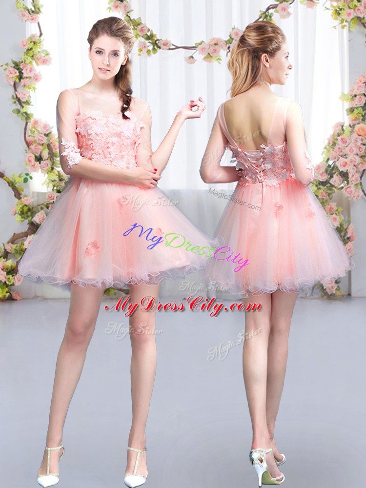 Adorable Pink Scoop Lace Up Appliques Wedding Party Dress Half Sleeves