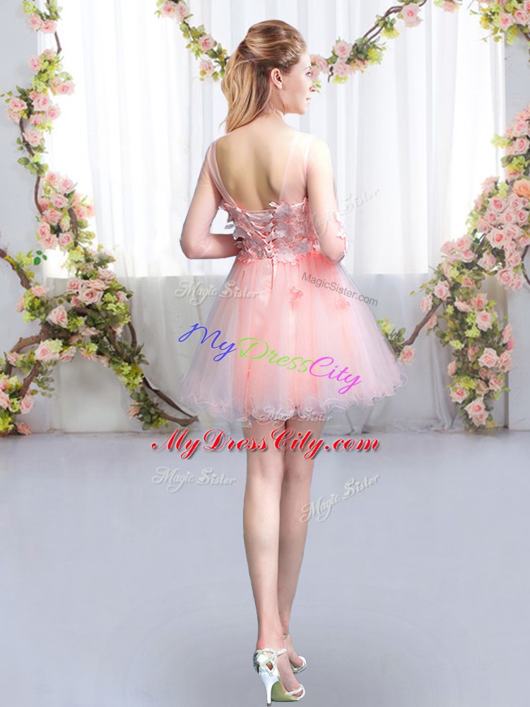 Adorable Pink Scoop Lace Up Appliques Wedding Party Dress Half Sleeves