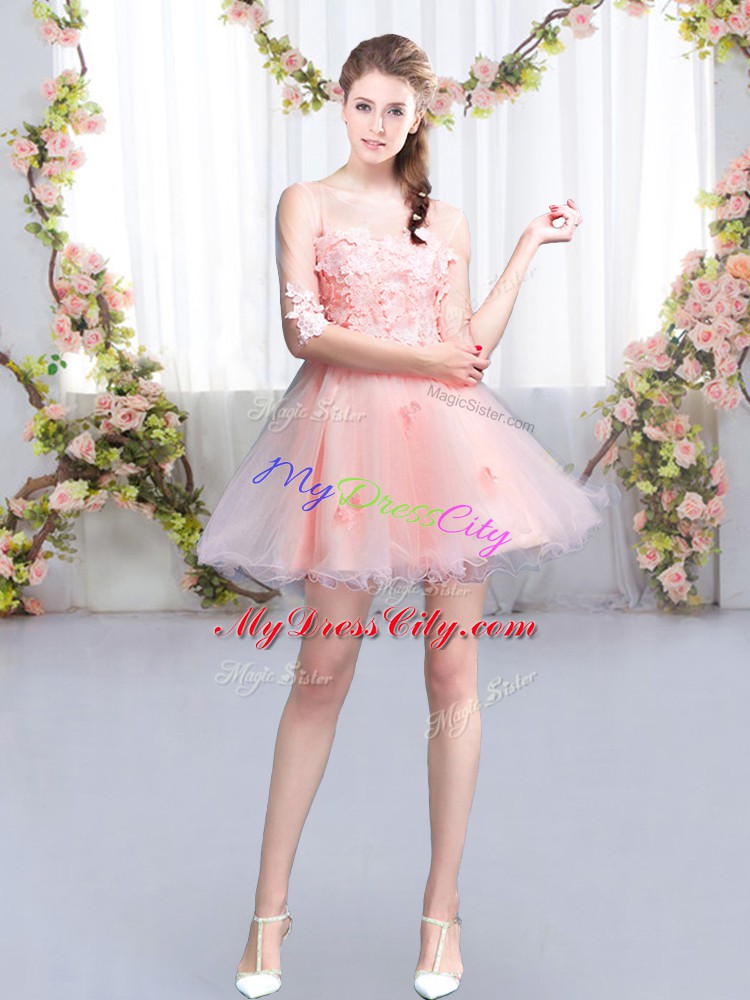 Adorable Pink Scoop Lace Up Appliques Wedding Party Dress Half Sleeves