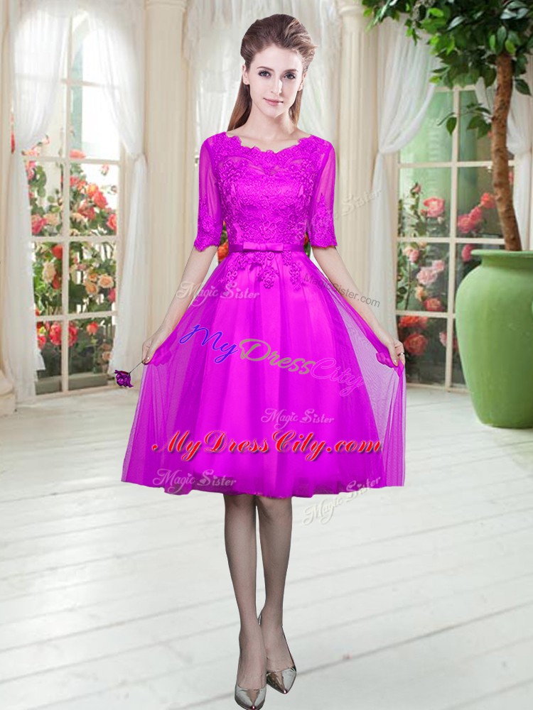 Traditional Fuchsia Empire Lace Prom Party Dress Lace Up Tulle Half Sleeves Knee Length
