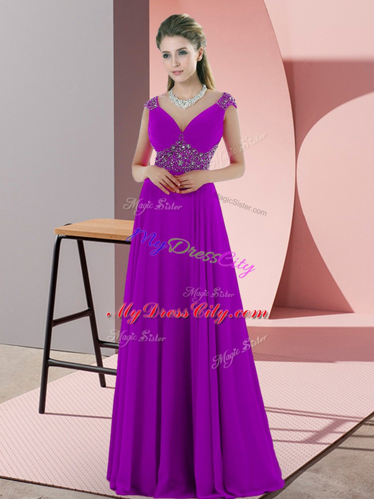 Sumptuous Purple Empire Beading Prom Evening Gown Backless Satin Sleeveless