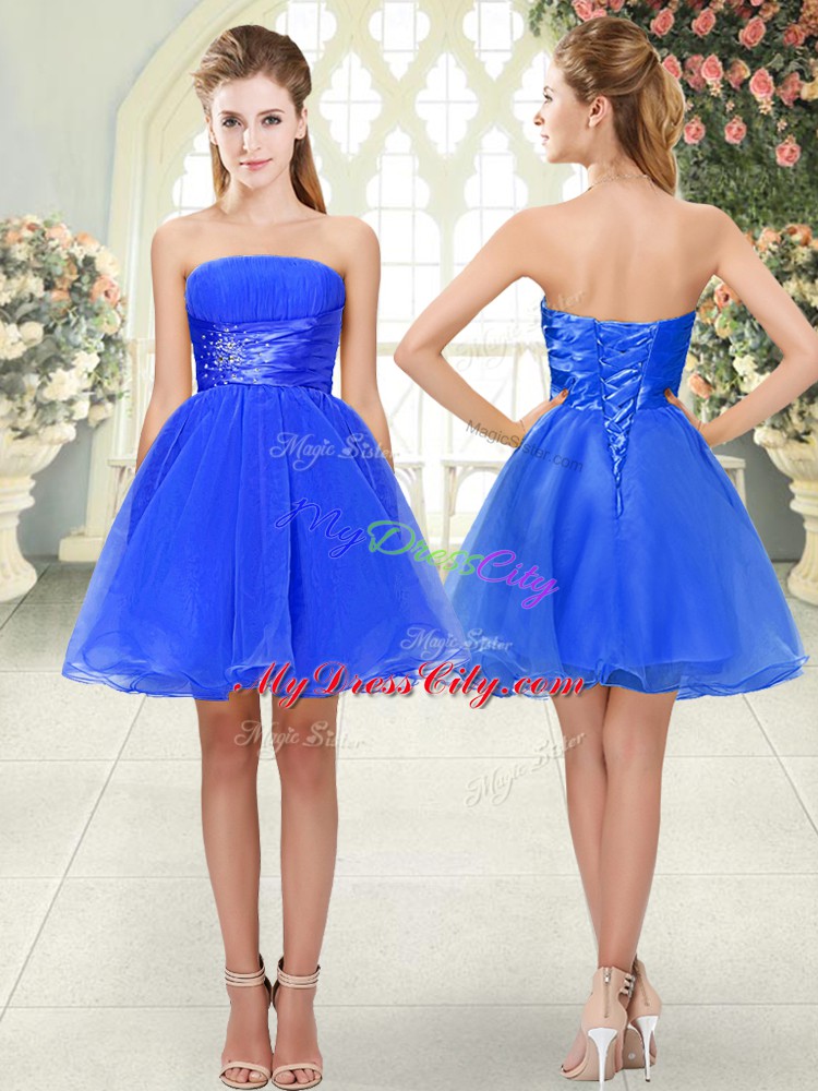 Noble Strapless Sleeveless Lace Up Blue Organza