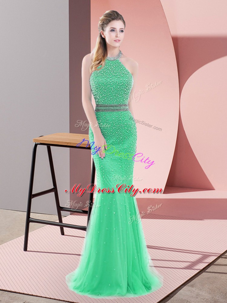 Classical Tulle Sleeveless Prom Evening Gown Sweep Train and Beading