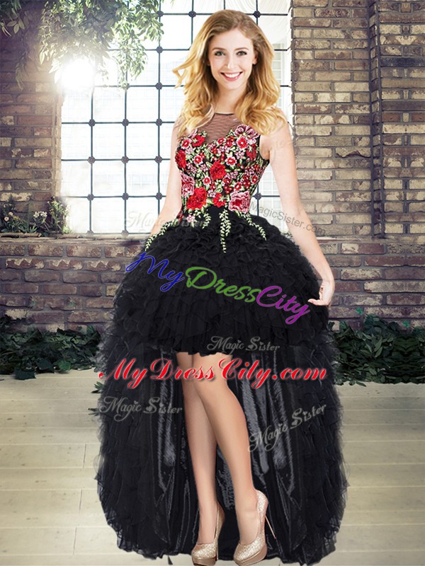 Black Organza Zipper Quinceanera Gown Sleeveless Floor Length Embroidery and Ruffles