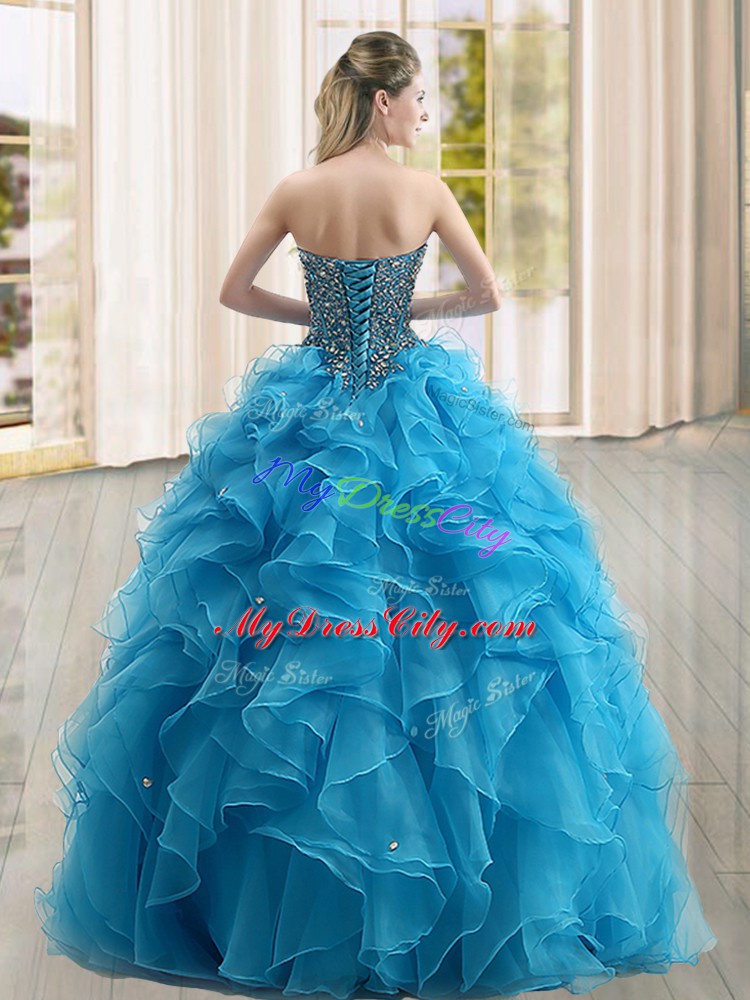 Designer Baby Blue Sleeveless Organza Lace Up Sweet 16 Quinceanera Dress for Military Ball and Sweet 16 and Quinceanera