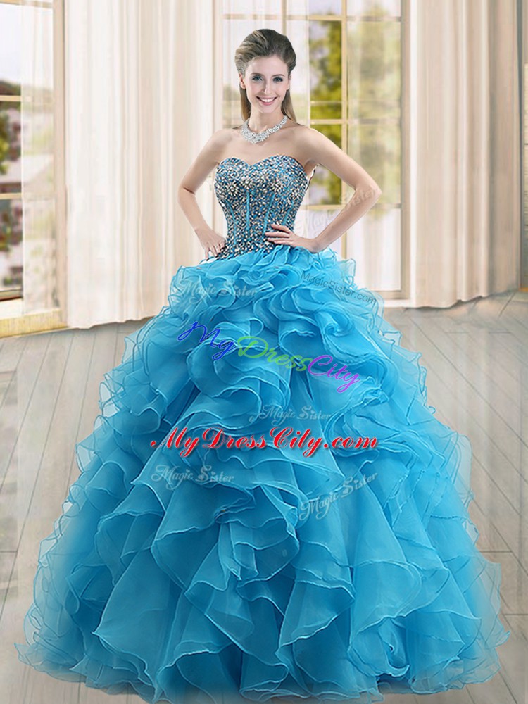 Designer Baby Blue Sleeveless Organza Lace Up Sweet 16 Quinceanera Dress for Military Ball and Sweet 16 and Quinceanera