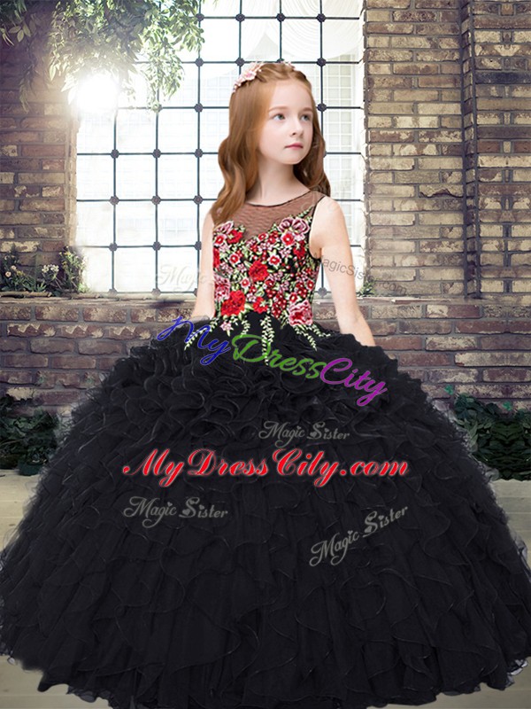 Lovely Black Sleeveless Organza Zipper Little Girls Pageant Gowns for Party and Wedding Party