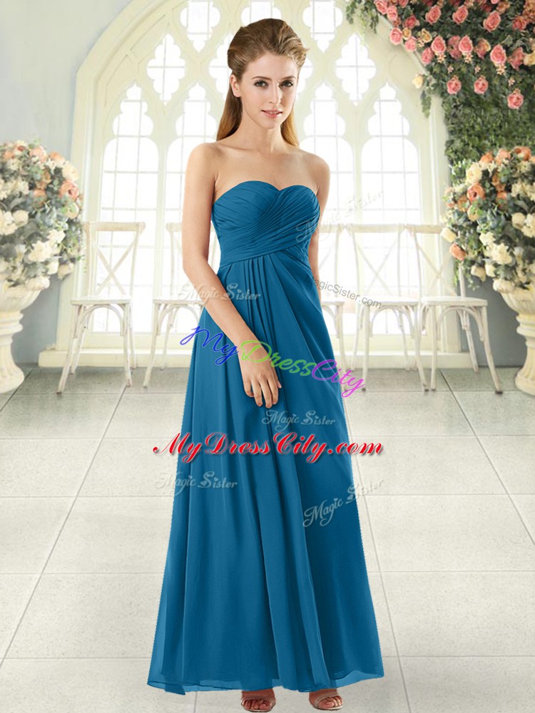 Chic Blue Empire Ruching Evening Dresses Zipper Chiffon Sleeveless Ankle Length