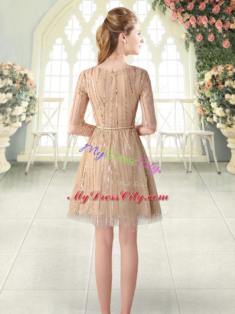 Champagne Scoop Neckline Sequins Dress for Prom Half Sleeves Zipper
