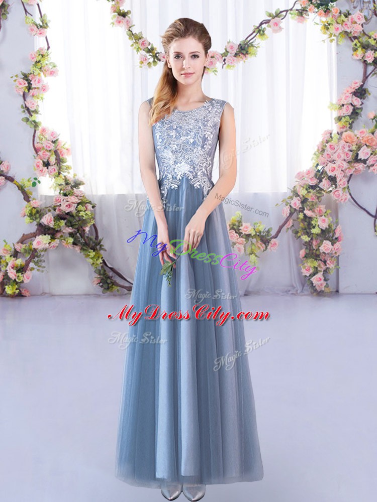 Unique Blue A-line Tulle Scoop Sleeveless Lace Floor Length Lace Up Dama Dress for Quinceanera