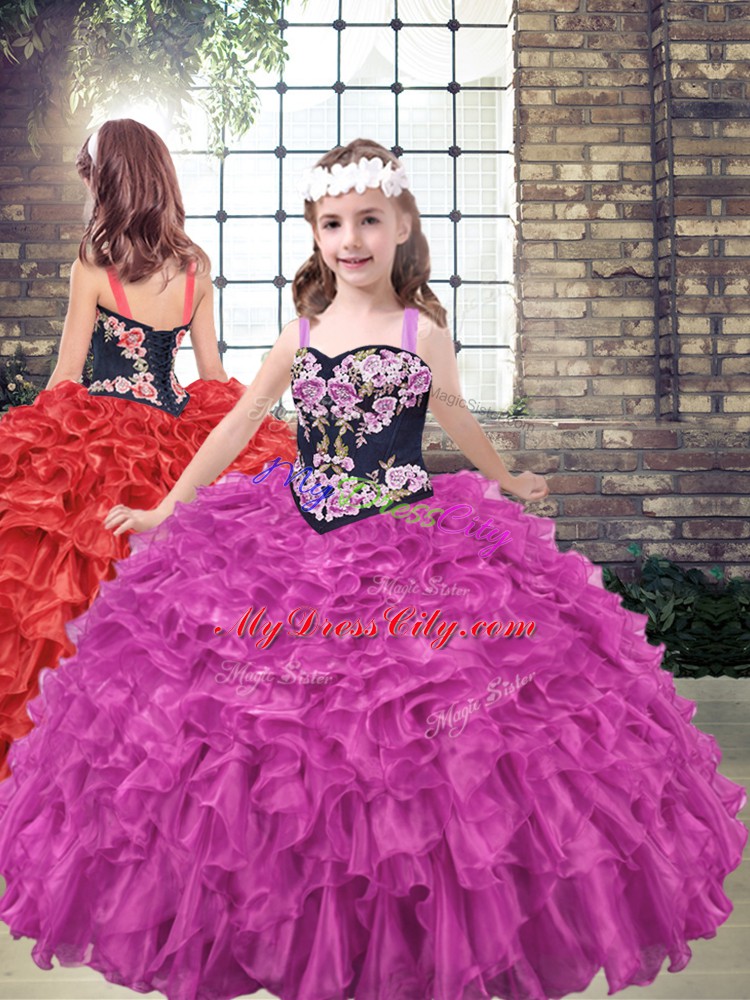 Fuchsia Organza Lace Up Straps Sleeveless Floor Length Little Girl Pageant Gowns Embroidery and Ruffled Layers