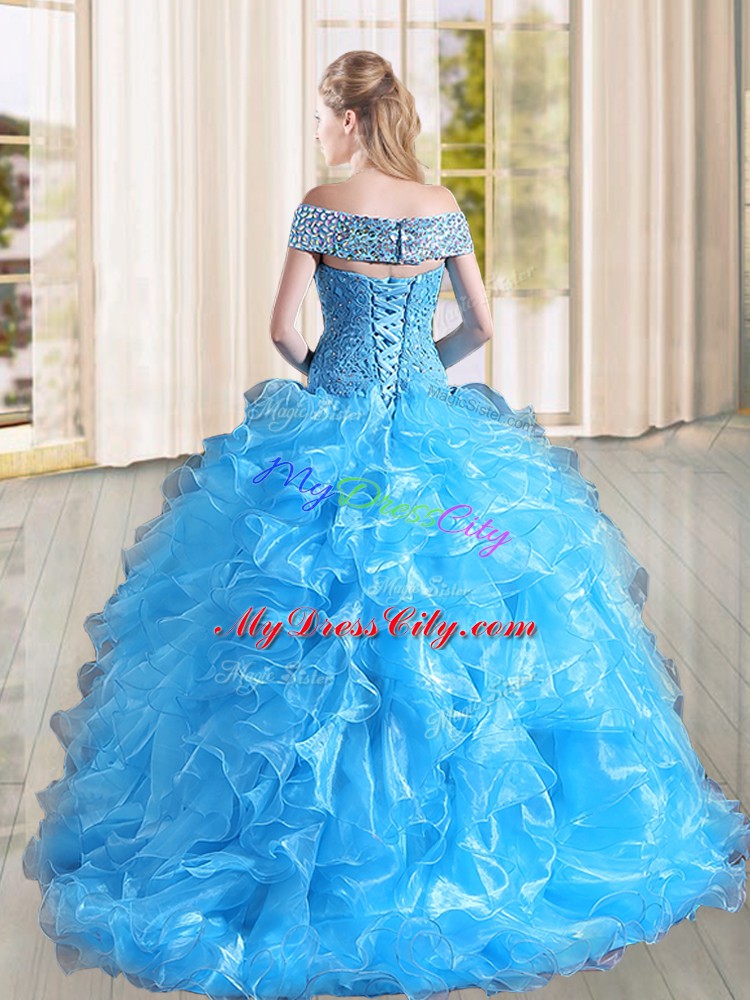 Baby Blue A-line Organza Off The Shoulder Sleeveless Beading and Lace and Ruffles Lace Up Quinceanera Gown Sweep Train