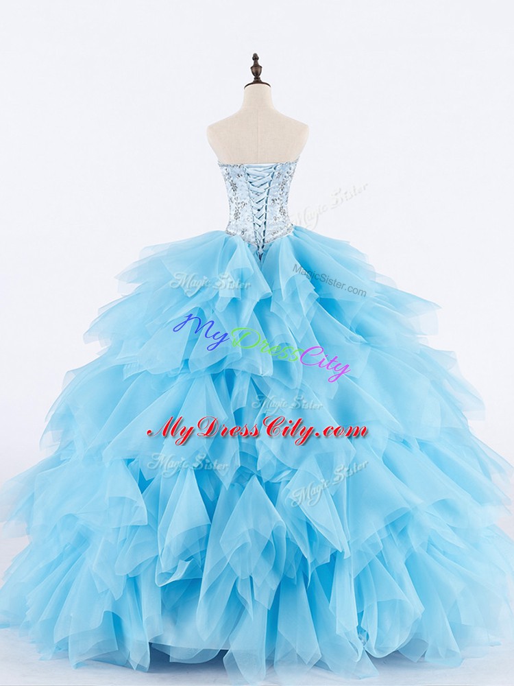 Attractive Sleeveless Tulle Floor Length Lace Up Sweet 16 Quinceanera Dress in Baby Blue with Beading and Ruffles