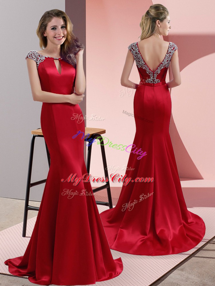 Red Backless Evening Dress Beading Cap Sleeves Sweep Train