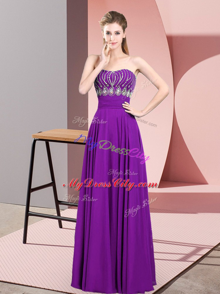 Cute Purple Zipper Strapless Beading Prom Dress Chiffon Sleeveless