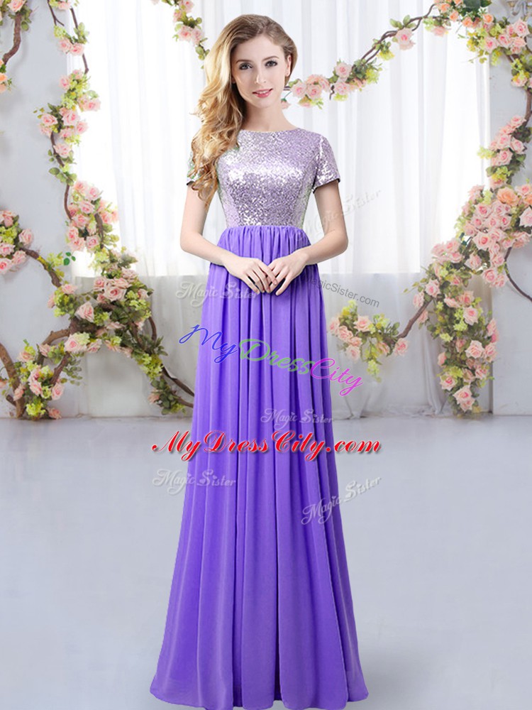 Free and Easy Scoop Short Sleeves Damas Dress Floor Length Sequins Lavender Chiffon