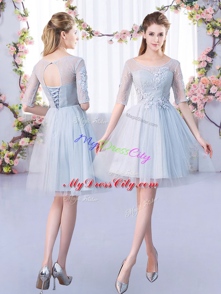Grey Bridesmaids Dress Prom and Party and Wedding Party with Lace Scoop Half Sleeves Lace Up