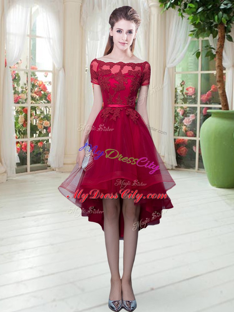 Edgy Wine Red Tulle Lace Up Prom Dresses Short Sleeves High Low Appliques