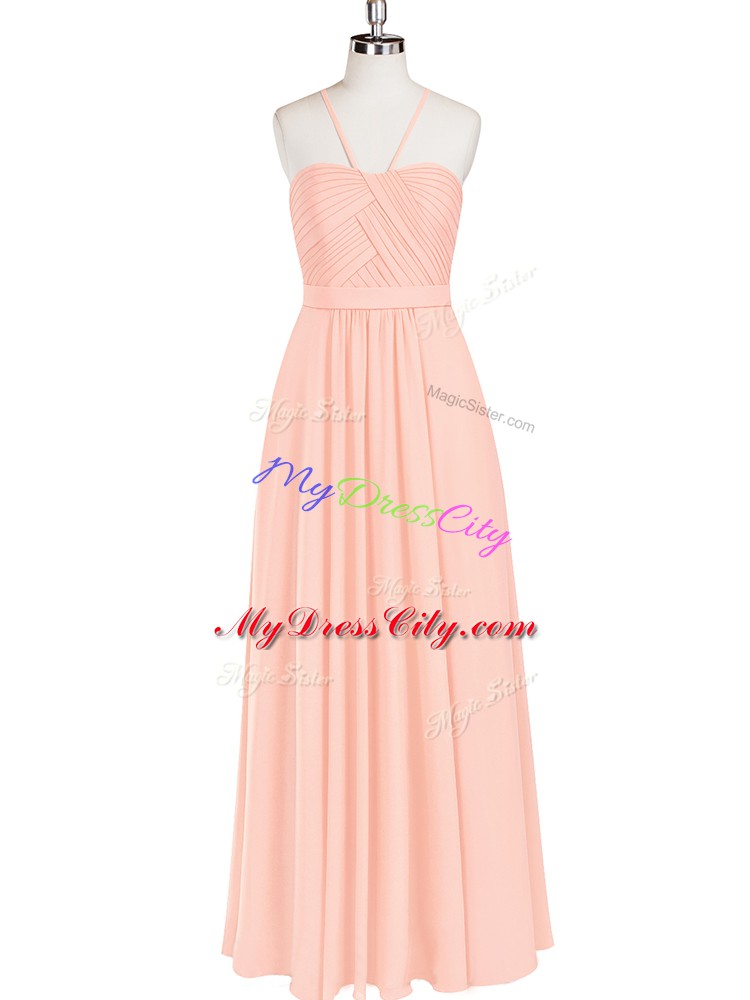 Pink Zipper Prom Dress Ruching Sleeveless Floor Length