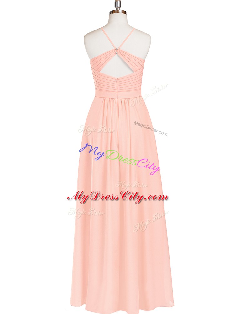 Pink Zipper Prom Dress Ruching Sleeveless Floor Length