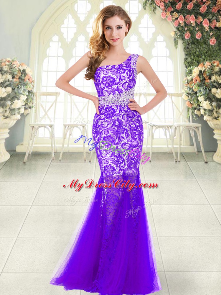 Free and Easy Floor Length Mermaid Sleeveless Purple Prom Dress Zipper