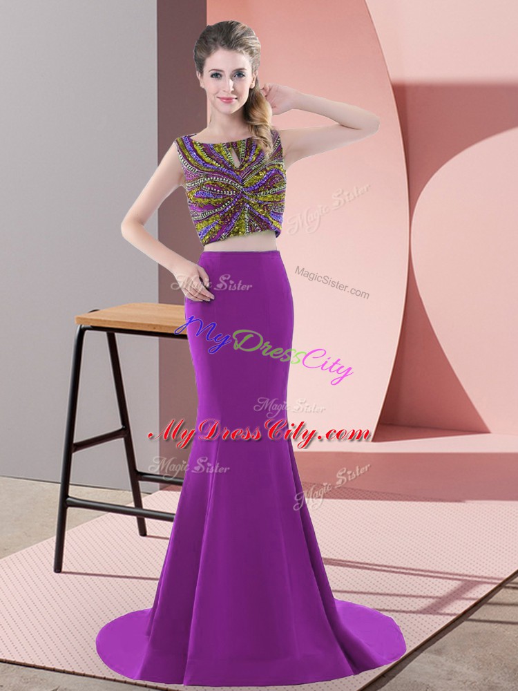 Purple Two Pieces Scoop Sleeveless Satin Sweep Train Backless Beading Prom Party Dress