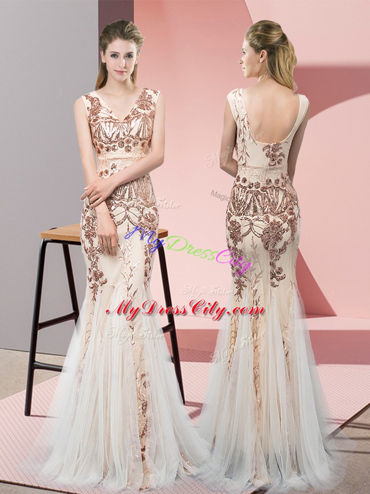 Champagne Mermaid V-neck Sleeveless Tulle Floor Length Backless Sequins Prom Dress