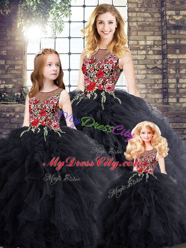 Scoop Sleeveless Sweet 16 Quinceanera Dress Floor Length Embroidery and Ruffles Black