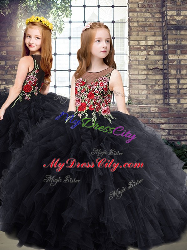 Scoop Sleeveless Sweet 16 Quinceanera Dress Floor Length Embroidery and Ruffles Black