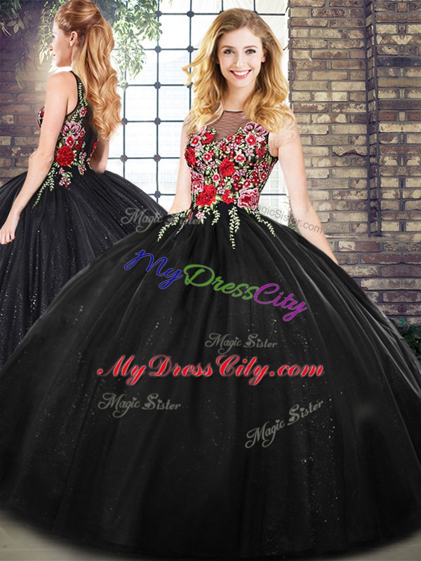 Sleeveless Floor Length Zipper 15th Birthday Dress in Black with Embroidery