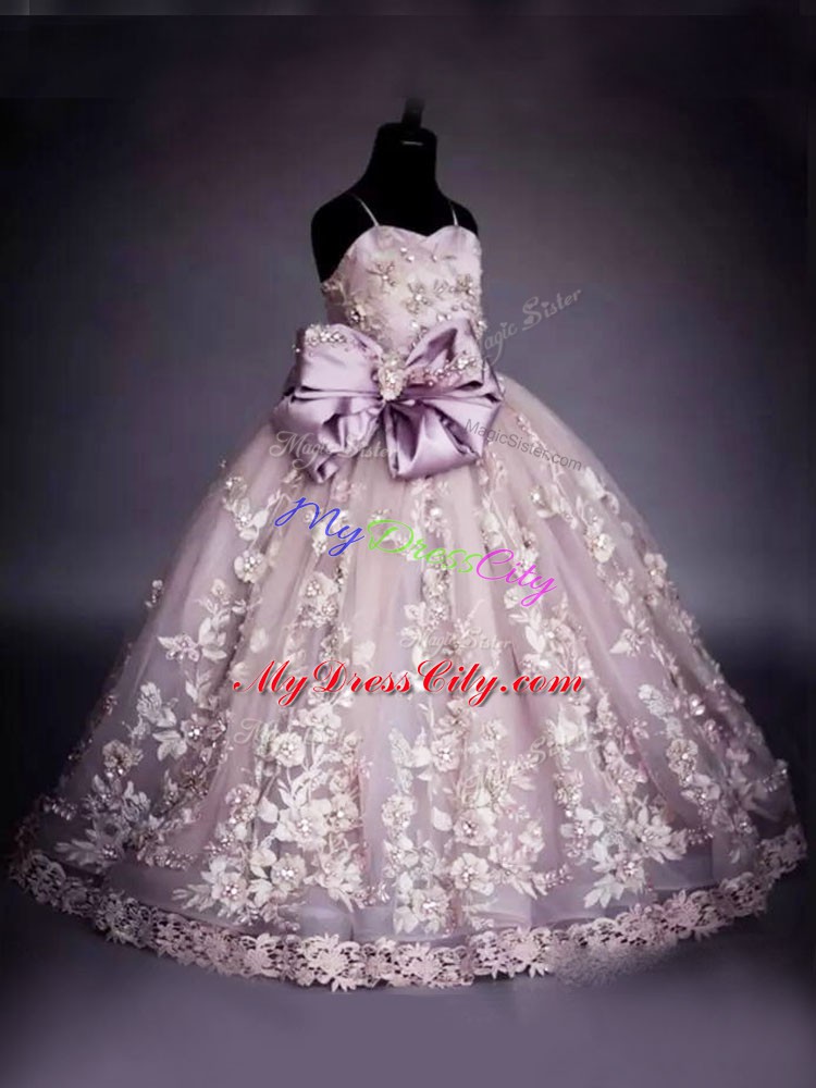 Trendy Sleeveless Floor Length Beading and Bowknot Lace Up Pageant Dress for Girls with Pink